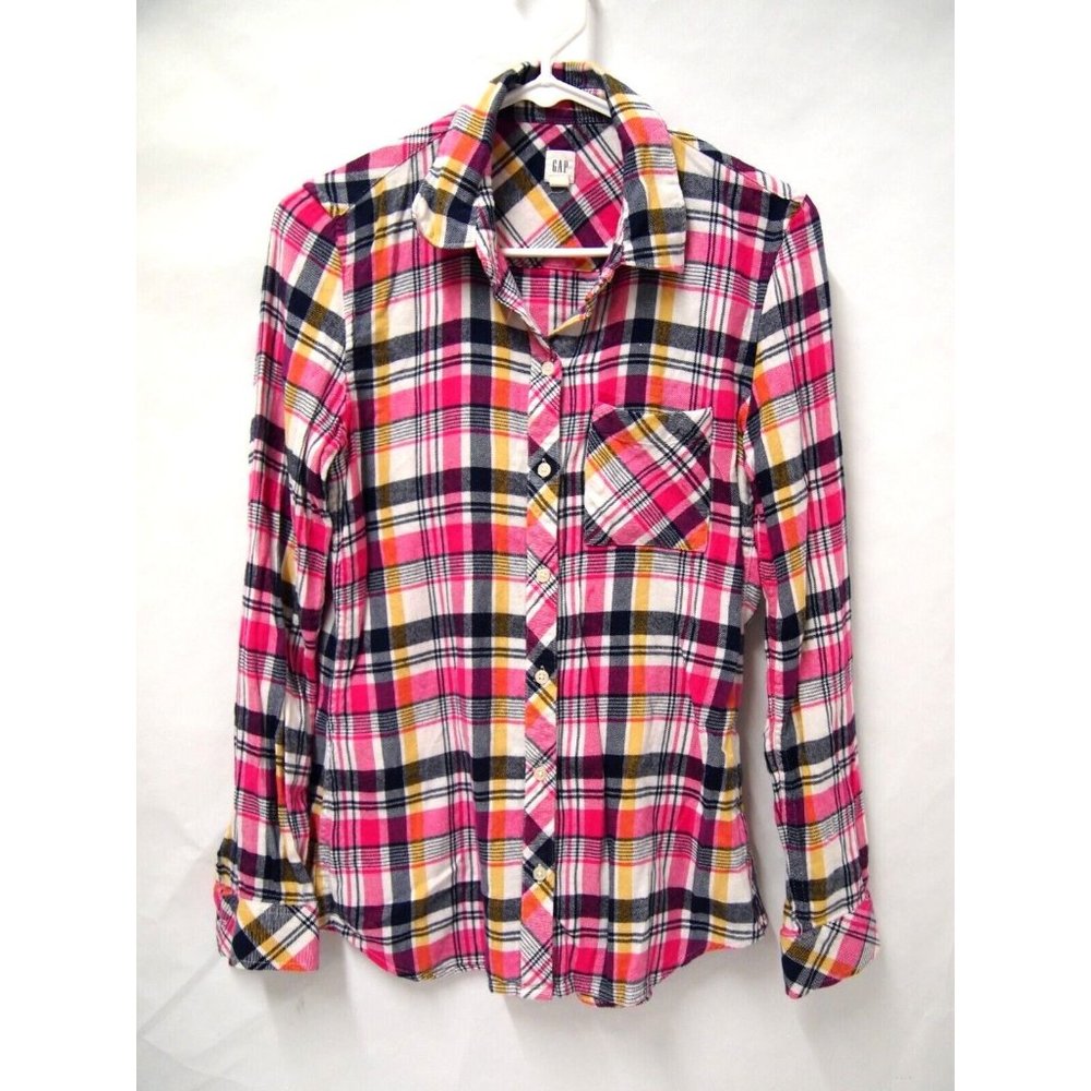 Gap Womens Flannel Shirt XS Flannel Pink Blue Yellow Plaid Long Sleeve Button